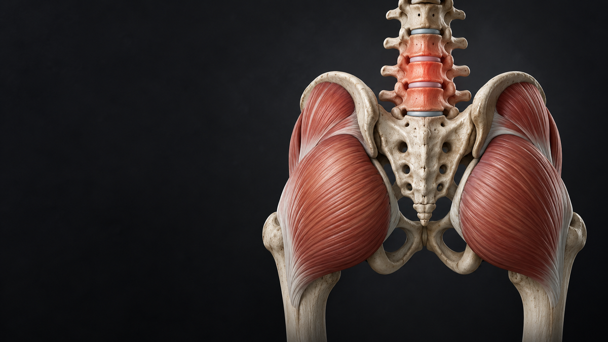 Ilustración anatómica de la musculatura glútea, la pelvis y la columna lumbar