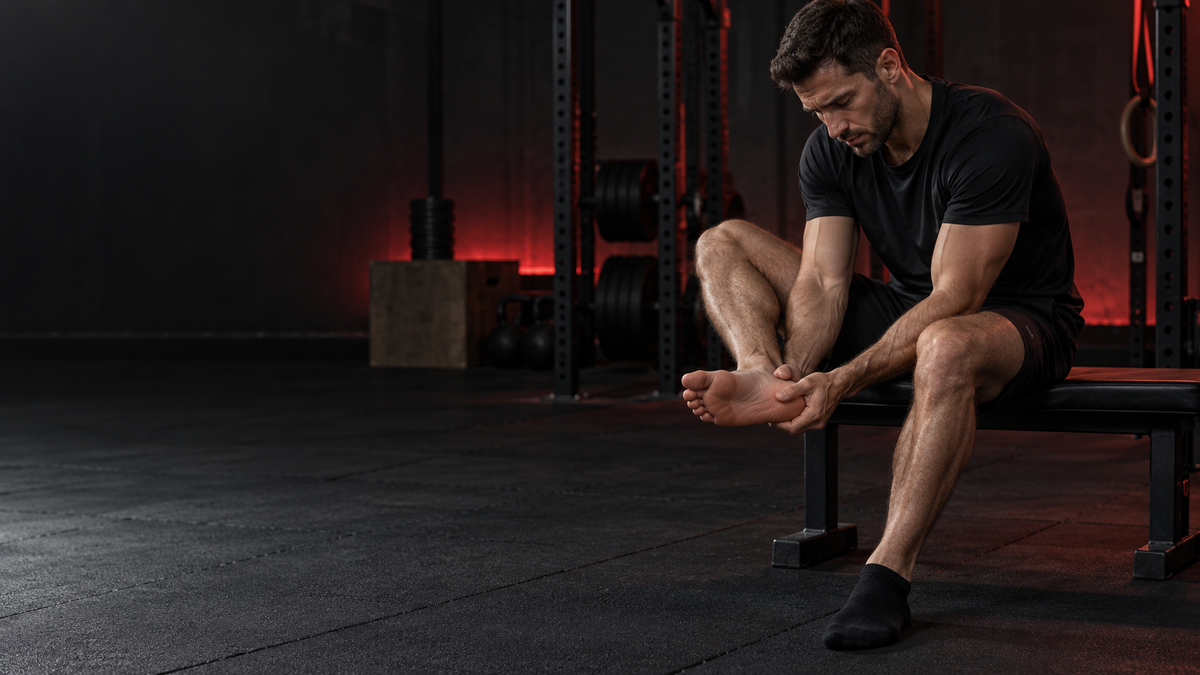 Hombre deportista sentado en un gimnasio sujetándose la planta del talón