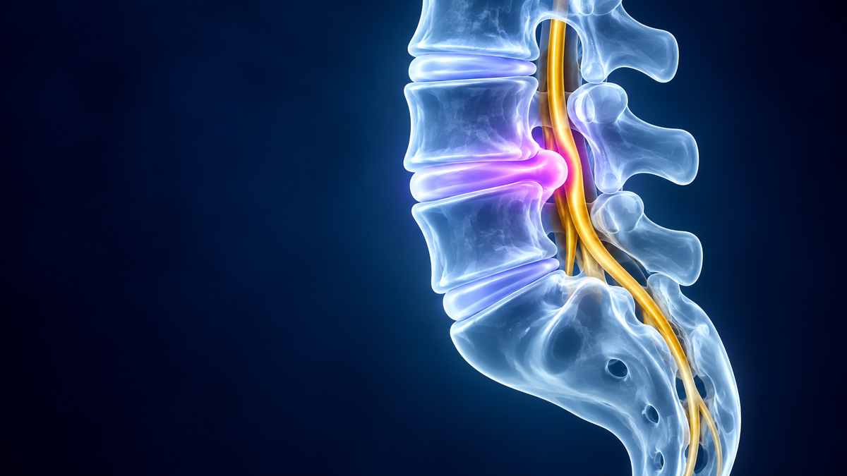 Ilustración anatómica de perfil de la columna lumbar con una hernia discal posterior que contacta una raíz nerviosa