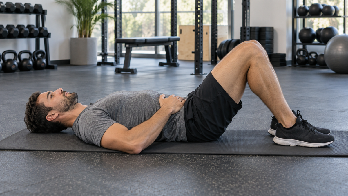 Hombre tumbado sobre una esterilla con las rodillas flexionadas y las manos en el abdomen para practicar el control abdominal