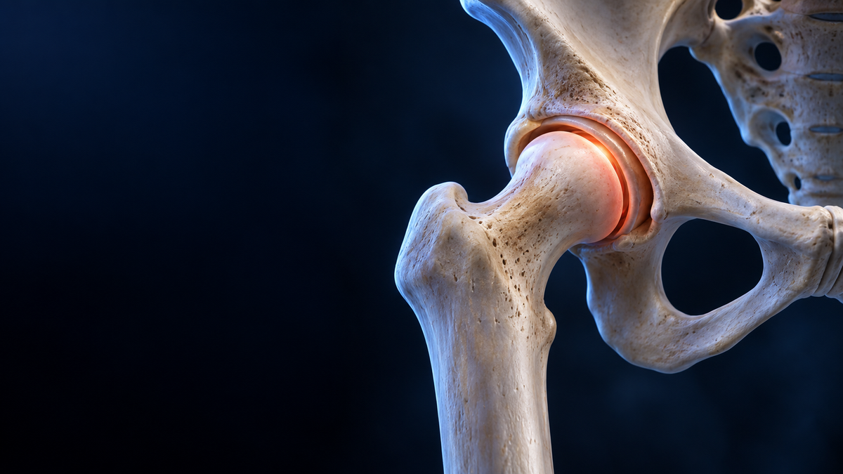 Imagen anatómica de una cadera con énfasis visual en la articulación femoroacetabular