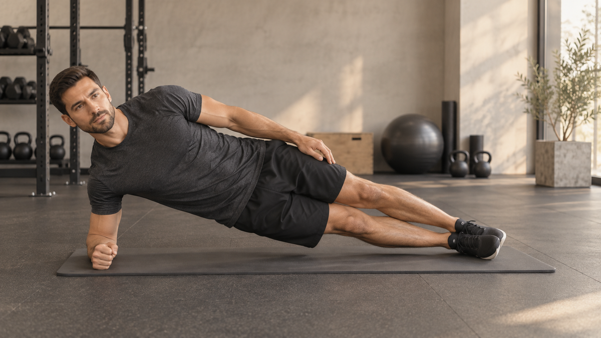 Hombre realizando una plancha lateral sobre una esterilla en el gimnasio