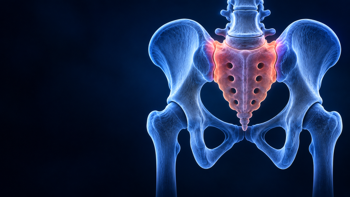 Ilustración anatómica posterior de la pelvis con un único sacro entre los huesos ilíacos, base superior y cóccix inferior